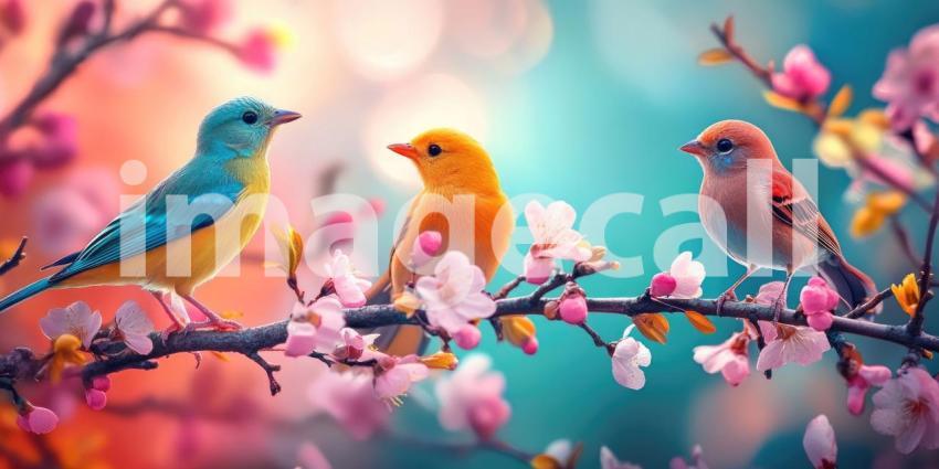 Colorful Finches in Spring Bloom, Perched Birds, Vibrant Plumage, Cherry Blossoms, Whimsical Scene, Nature's Palette, Birdwatching Delight