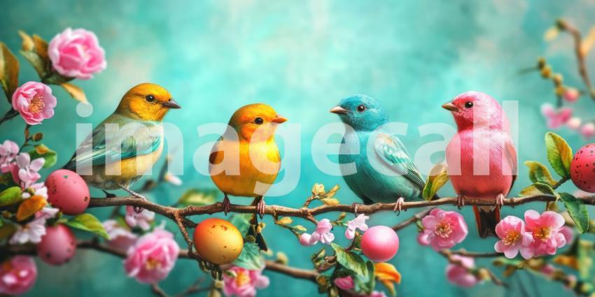 Colorful Finches in Spring Bloom, Perched Birds, Vibrant Plumage, Cherry Blossoms, Whimsical Scene, Nature's Palette, Birdwatching Delight