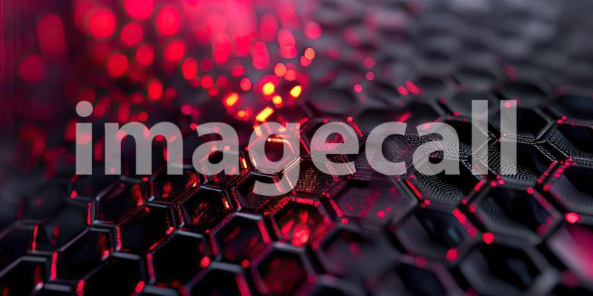 Abstract Geometric Background with Interlocking Black Hexagons and Red Glowing Lights for Technology, Sci-Fi, and Modern Design Concepts