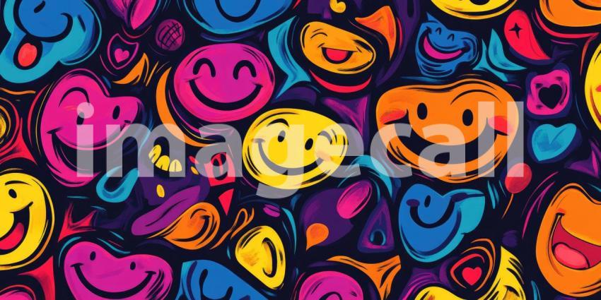 Colorful Smiley Faces Pattern, Happy Emoticons, Cheerful Background, Playful Design, Cartoon Faces, Vibrant Colors, Joyful Illustration, Whimsical Art