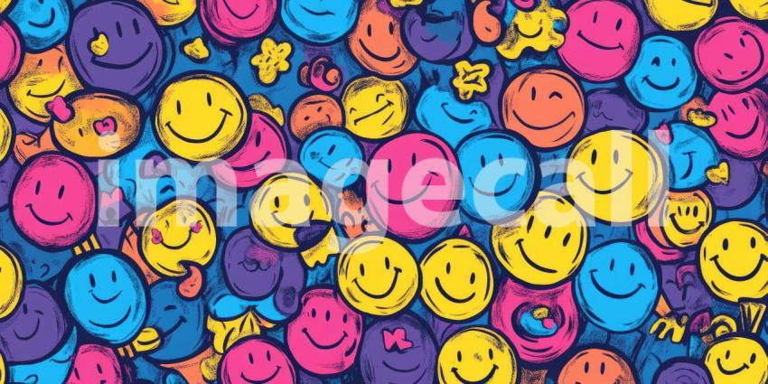 Colorful Smiley Faces Pattern, Happy Emoticons, Cheerful Background, Playful Design, Cartoon Faces, Vibrant Colors, Joyful Illustration, Whimsical Art