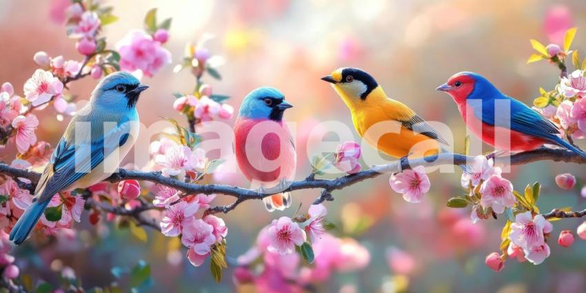 Colorful Finches in Spring Bloom, Perched Birds, Vibrant Plumage, Cherry Blossoms, Whimsical Scene, Nature's Palette, Birdwatching Delight
