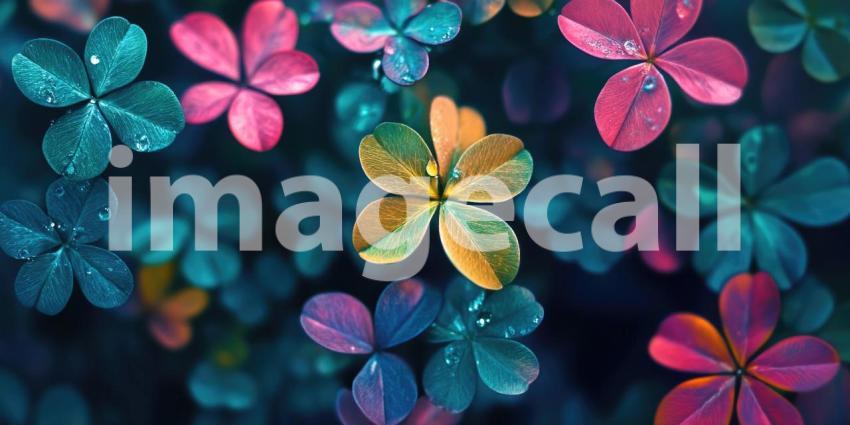 Colorful Oxalis Leaves with Dew Drops, Vibrant Heart-Shaped Foliage, Whimsical Nature, Macro Photography, Botanical Art, Close-up Leaf Detail