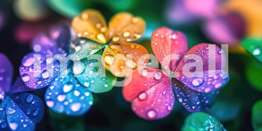 Colorful Oxalis Leaves with Dew Drops, Vibrant Heart-Shaped Foliage, Whimsical Nature, Macro Photography, Botanical Art, Close-up Leaf Detail