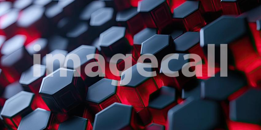 Abstract Geometric Background with Interlocking Black Hexagons and Red Glowing Lights for Technology, Sci-Fi, and Modern Design Concepts