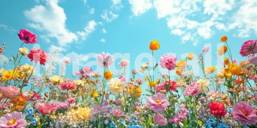 Wildflower Meadow Under Blue Sky, Colorful Blossoms, Poppies and Buttercups, Natural Beauty, Sunny Day, Floral Landscape, Springtime Scene, Outdoor Delight