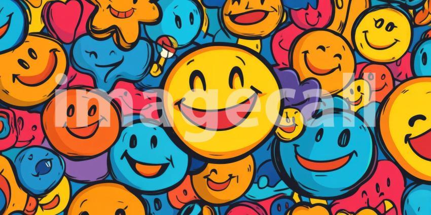 Colorful Smiley Faces Pattern, Happy Emoticons, Cheerful Background, Playful Design, Cartoon Faces, Vibrant Colors, Joyful Illustration, Whimsical Art