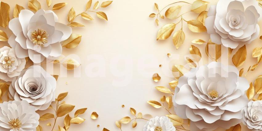 Elegant Floral Design with White Paper Flowers and Gold Leaves on a Soft White Background for Wedding Invitations, Greeting Cards, and Decorative Art
