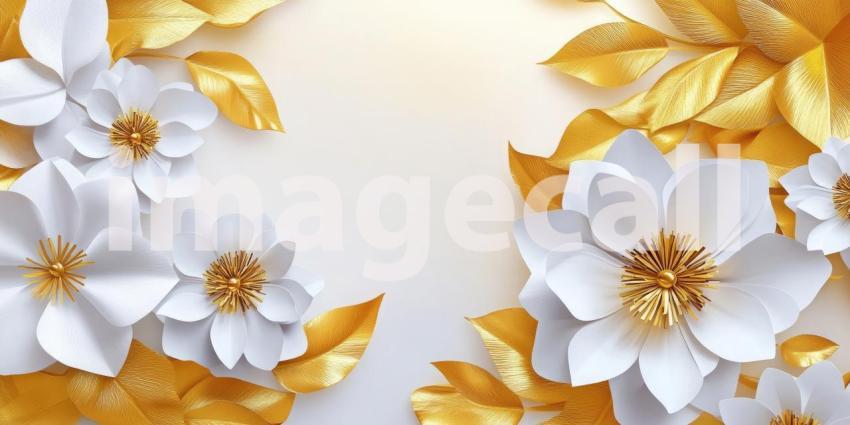 Elegant Floral Design with White Paper Flowers and Gold Leaves on a Soft White Background for Wedding Invitations, Greeting Cards, and Decorative Art