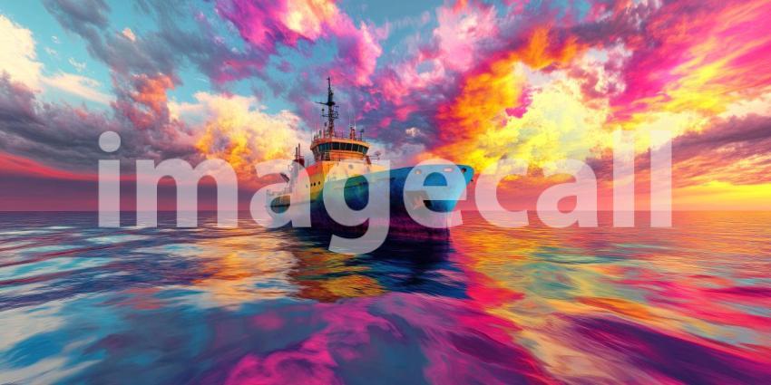 Dreamy Sea Voyage, Pastel Sky and Clouds, Vintage Boat, Calm Waters, Surreal Landscape, Colorful Reflections, Fantasy Travel, Whimsical Journey