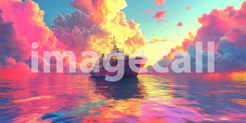 Dreamy Sea Voyage, Pastel Sky and Clouds, Vintage Boat, Calm Waters, Surreal Landscape, Colorful Reflections, Fantasy Travel, Whimsical Journey