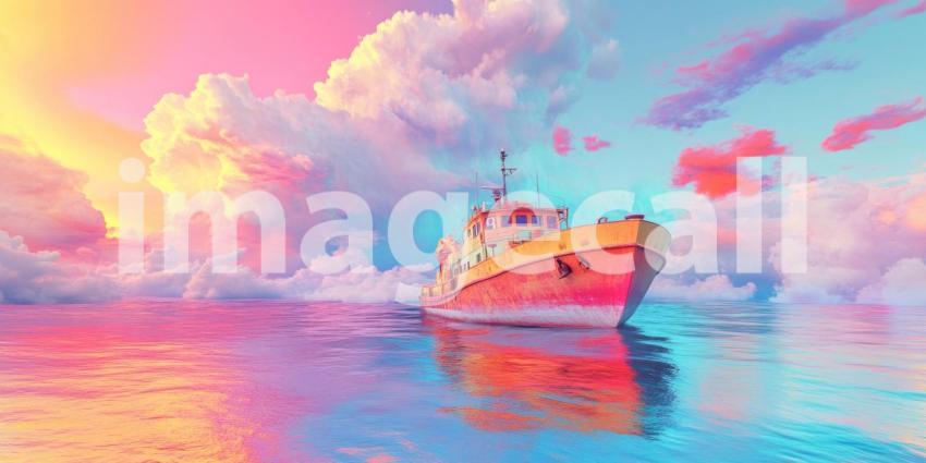 Dreamy Sea Voyage, Pastel Sky and Clouds, Vintage Boat, Calm Waters, Surreal Landscape, Colorful Reflections, Fantasy Travel, Whimsical Journey