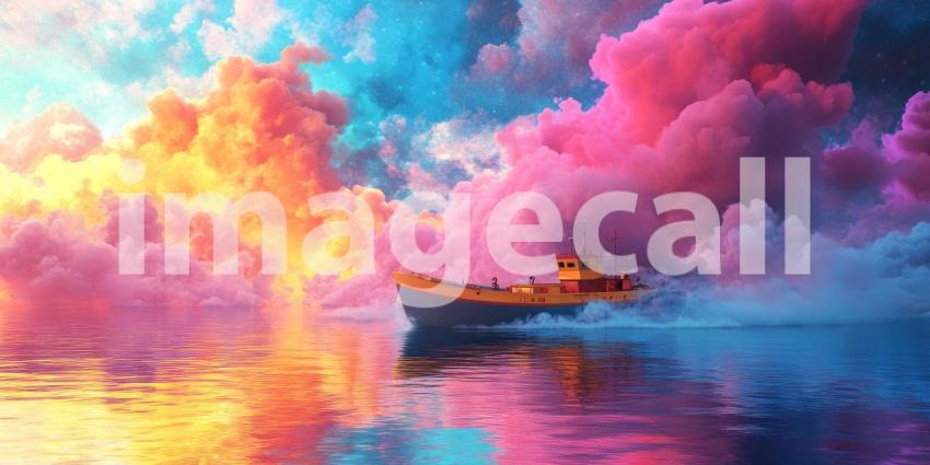 Dreamy Sea Voyage, Pastel Sky and Clouds, Vintage Boat, Calm Waters, Surreal Landscape, Colorful Reflections, Fantasy Travel, Whimsical Journey