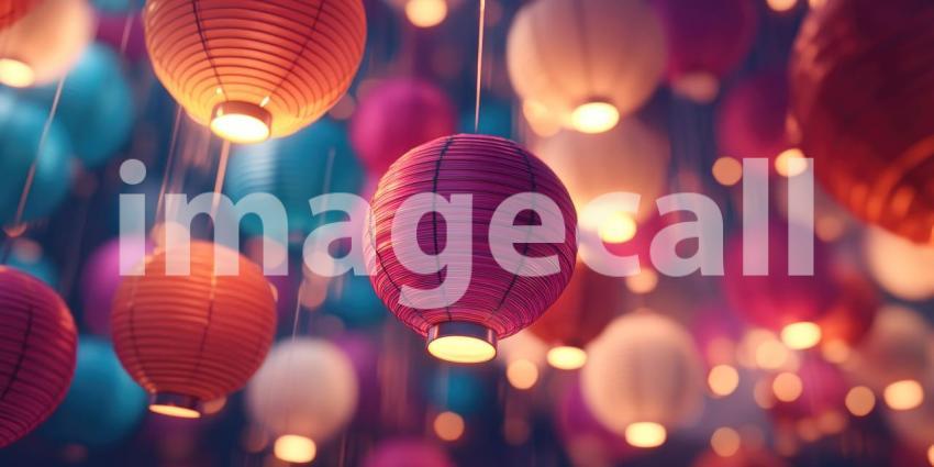 Colorful Chinese Lanterns Glow, Paper Lanterns at Night, Festive Lighting, Warm Light, Cultural Decor, Hanging Lanterns, Celebration Atmosphere, Soft Illumination