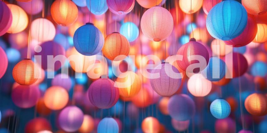 Colorful Chinese Lanterns Glow, Paper Lanterns at Night, Festive Lighting, Warm Light, Cultural Decor, Hanging Lanterns, Celebration Atmosphere, Soft Illumination