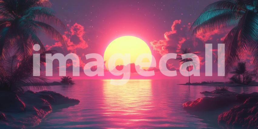 Surreal Sunset over Tropical Sea, Vibrant Pink Sky, Palm Trees, Dreamy Landscape, Retro Aesthetic, Fantasy Beach, Glowing Sun, Starry Night