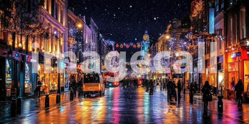 Vibrant European Street Scene with Colorful Buildings and Wet Cobblestones after Rain
