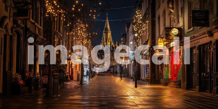 Vibrant European Street Scene with Colorful Buildings and Wet Cobblestones after Rain