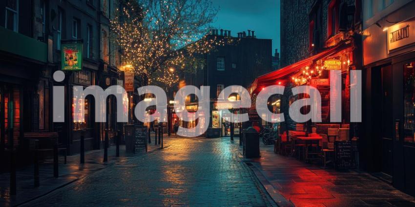 Vibrant European Street Scene with Colorful Buildings and Wet Cobblestones after Rain