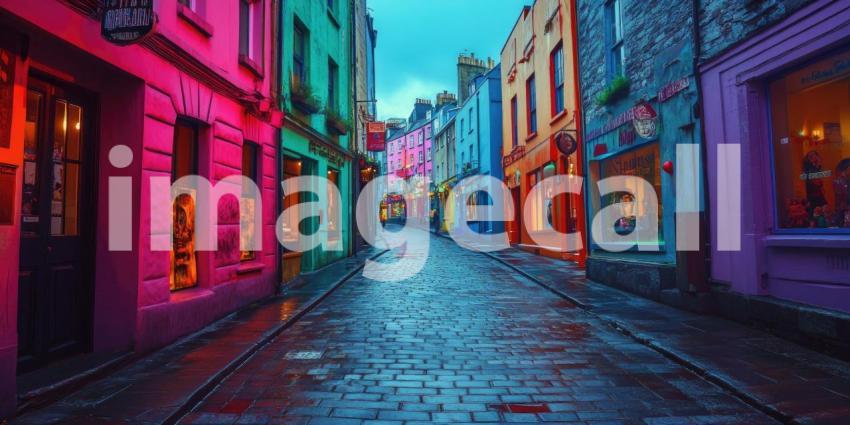 Vibrant European Street Scene with Colorful Buildings and Wet Cobblestones after Rain