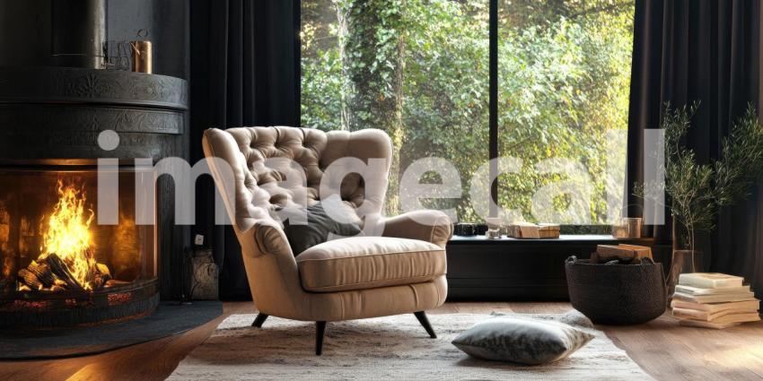 Cozy Living Room with Yellow Armchair, Fireplace, and Sunlight Streaming Through Sheer Curtains