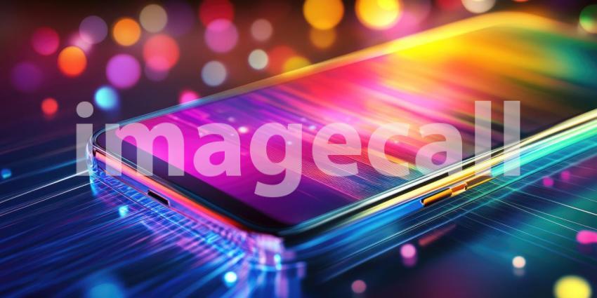 Smartphone with Abstract Neon Lights and Water Droplets on Screen, Futuristic Technology Concept