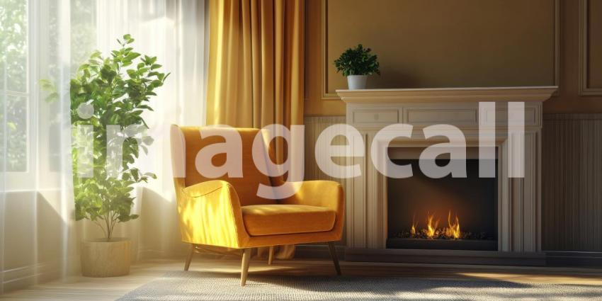 Cozy Living Room with Yellow Armchair, Fireplace, and Sunlight Streaming Through Sheer Curtains