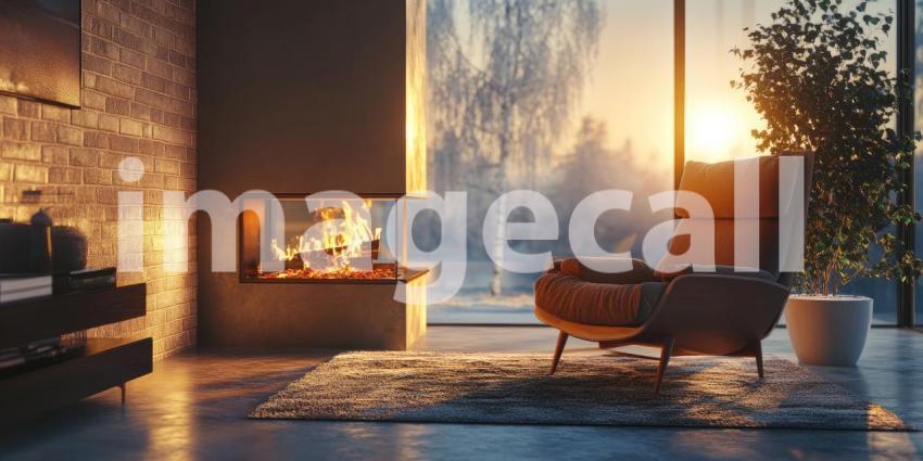 Cozy Living Room with Yellow Armchair, Fireplace, and Sunlight Streaming Through Sheer Curtains