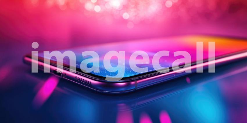 Smartphone with Abstract Neon Lights and Water Droplets on Screen, Futuristic Technology Concept