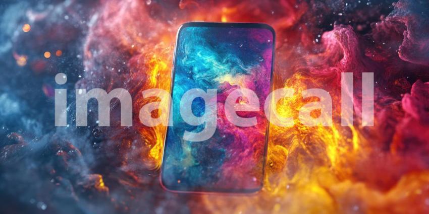 Smartphone with Abstract Neon Lights and Water Droplets on Screen, Futuristic Technology Concept