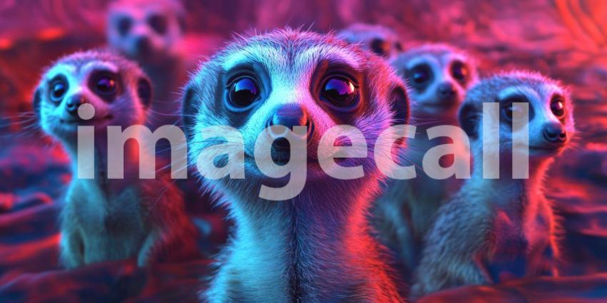 Close-up of a Meerkat Face with Big Eyes, Surrounded by Blurry Meerkats in a Pink Light