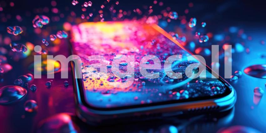 Smartphone with Abstract Neon Lights and Water Droplets on Screen, Futuristic Technology Concept