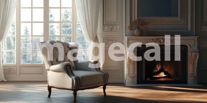 Cozy Living Room with Yellow Armchair, Fireplace, and Sunlight Streaming Through Sheer Curtains