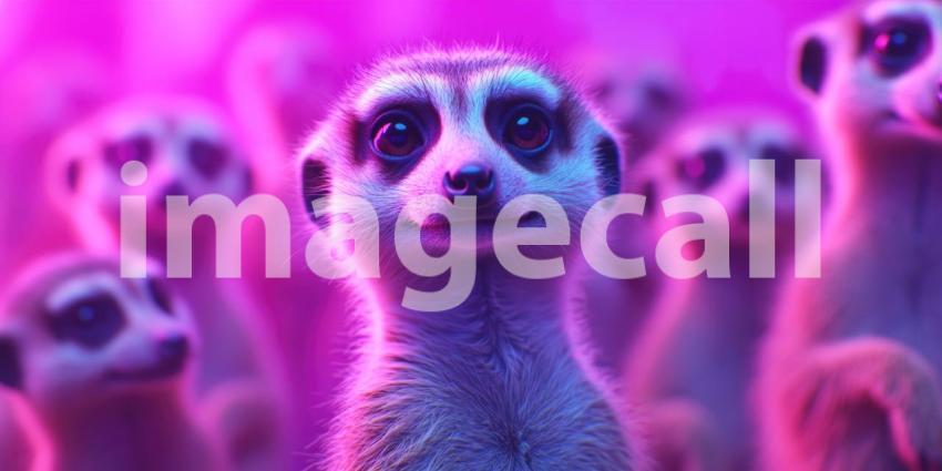 Close-up of a Meerkat Face with Big Eyes, Surrounded by Blurry Meerkats in a Pink Light