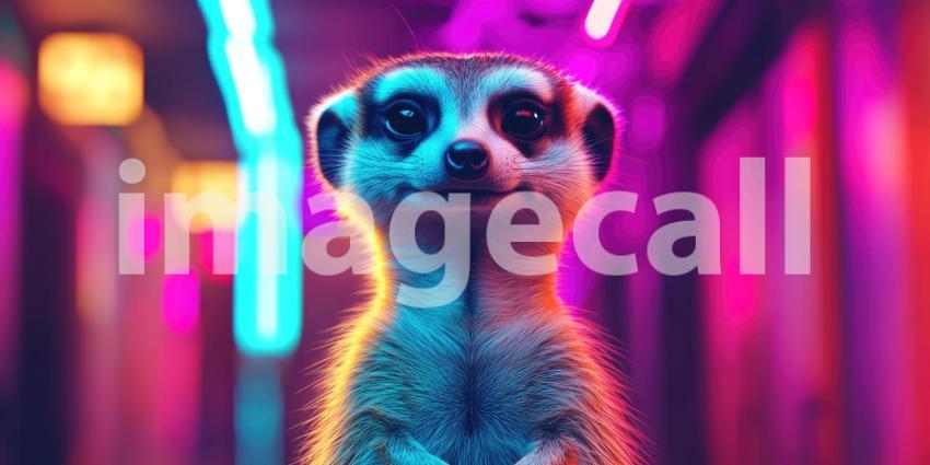 Close-up of a Meerkat Face with Big Eyes, Surrounded by Blurry Meerkats in a Pink Light