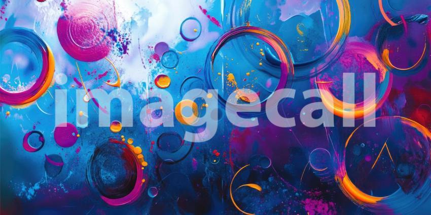 Abstract Art with Vibrant Circles and Shapes in Blue, Orange, Pink, and White Colors