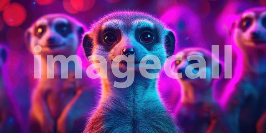 Close-up of a Meerkat Face with Big Eyes, Surrounded by Blurry Meerkats in a Pink Light