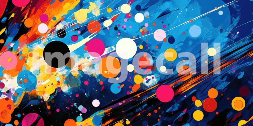 Abstract Art with Vibrant Circles and Shapes in Blue, Orange, Pink, and White Colors