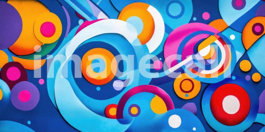 Abstract Art with Vibrant Circles and Shapes in Blue, Orange, Pink, and White Colors