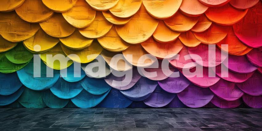 Rainbow Colored Fish Scales on a Wall with Dark Gray Floor, Abstract Texture Background