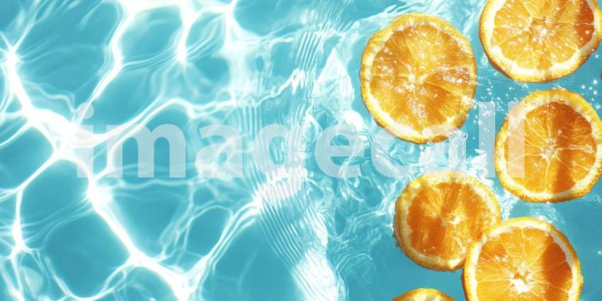 Orange Slices Floating in Clear Blue Water with Ripples and Sunlight Reflections