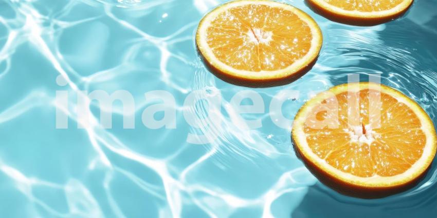 Orange Slices Floating in Clear Blue Water with Ripples and Sunlight Reflections