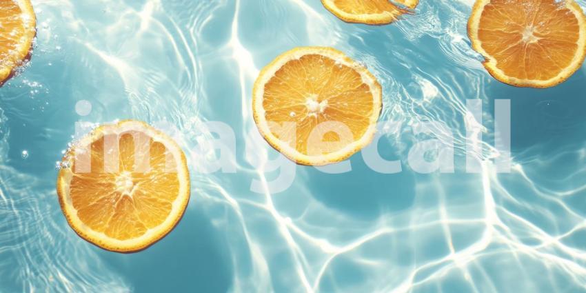 Orange Slices Floating in Clear Blue Water with Ripples and Sunlight Reflections