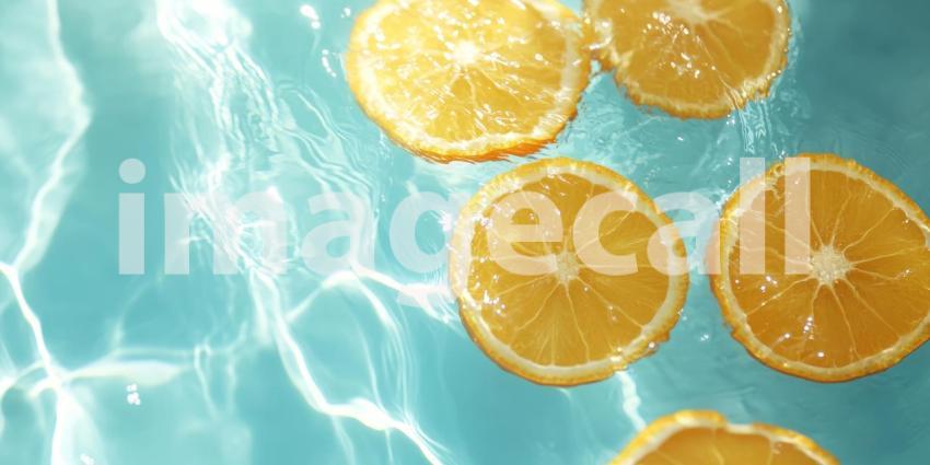 Orange Slices Floating in Clear Blue Water with Ripples and Sunlight Reflections