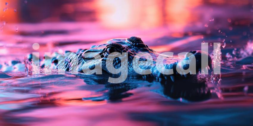 Close-up of a Crocodile Head in Water with Pink and Purple Neon Lighting