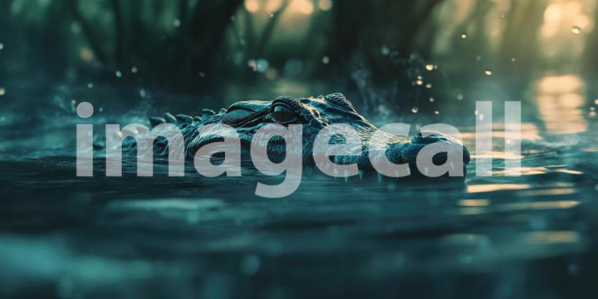 Close-up of a Crocodile Head in Water with Pink and Purple Neon Lighting