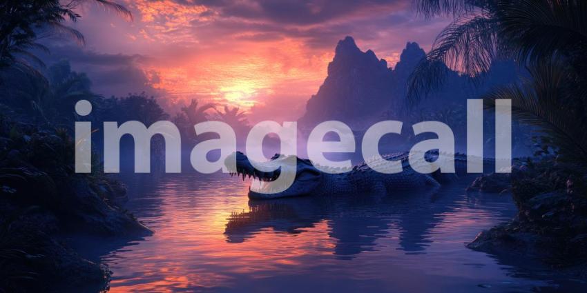 Close-up of a Crocodile Head in Water with Pink and Purple Neon Lighting