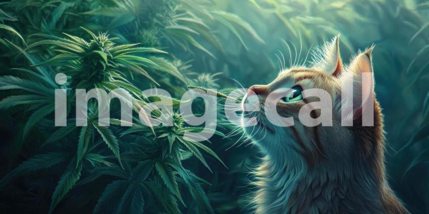 Cat Sniffing a Cannabis Leaf in a Lush Green Environment