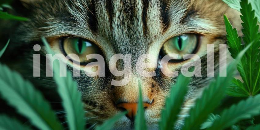 Cat Sniffing a Cannabis Leaf in a Lush Green Environment