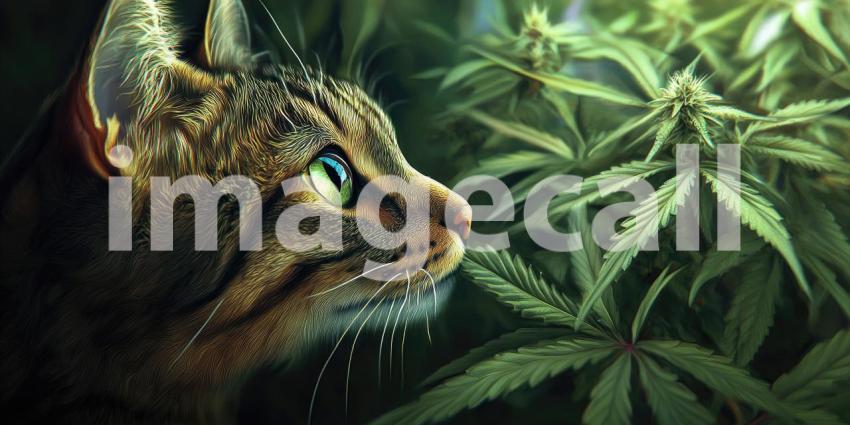 Cat Sniffing a Cannabis Leaf in a Lush Green Environment